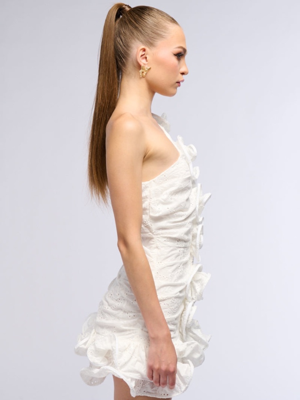 AKIRA White One-Shoulder Ruffle Eyelet Mini Dress - Picture 6 of 8